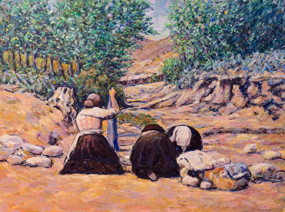 Three women, backs turned