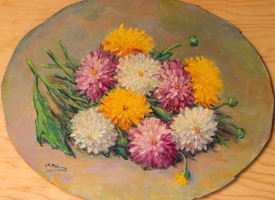 Chrysanthemums on an oval panel
