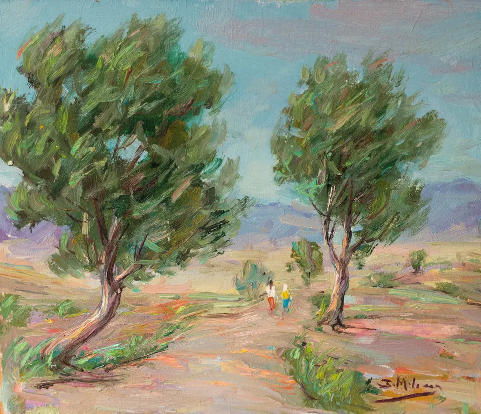 Two figures among olive trees