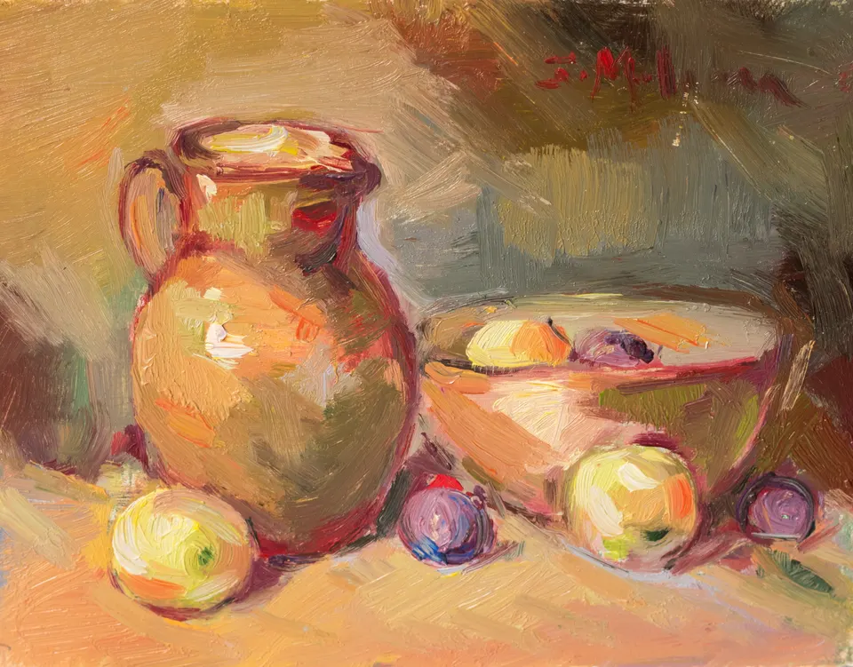 Jug, bowl and fruit