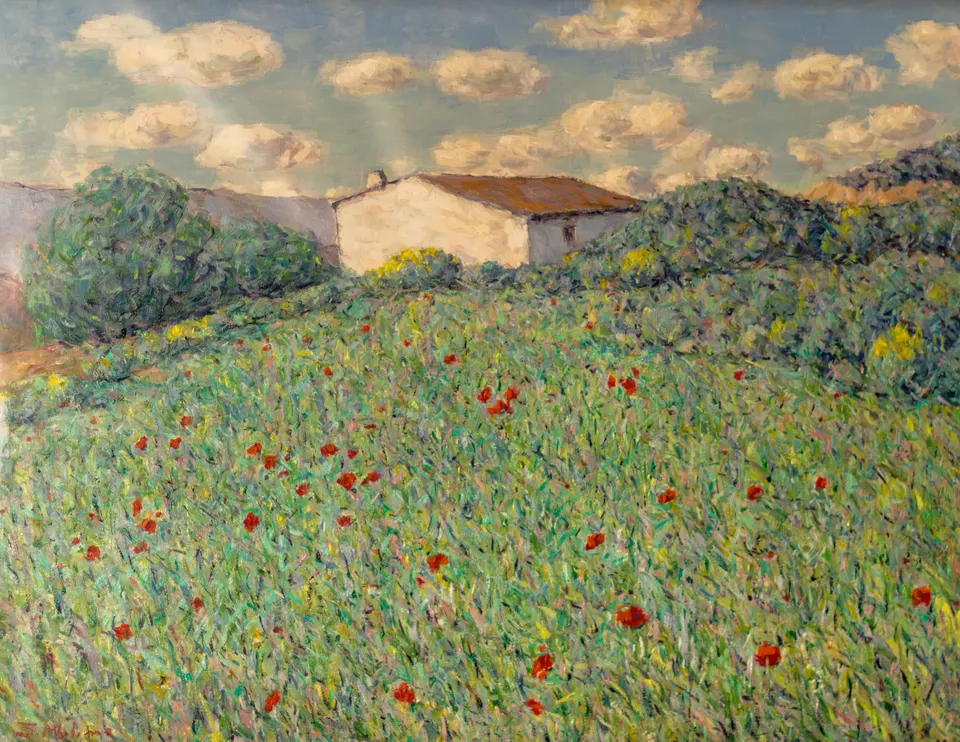 Poppies before the farmhouse